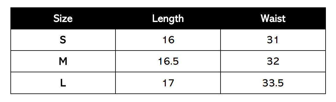 Size Chart (in inches)