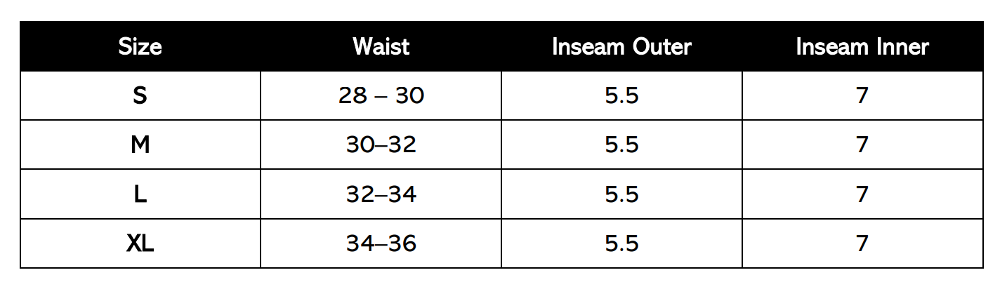Size Chart (in inches)