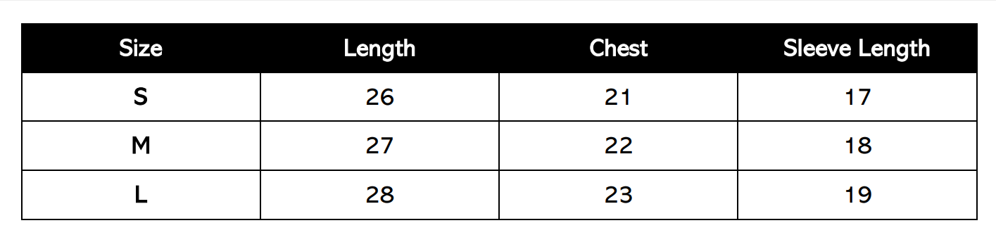 Size Chart (in inches)