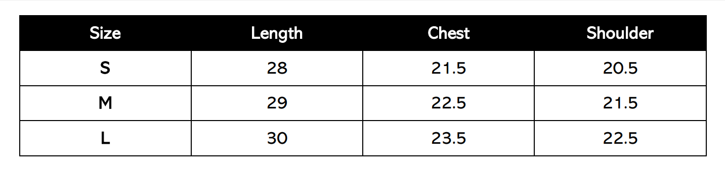 Size Chart (in inches)