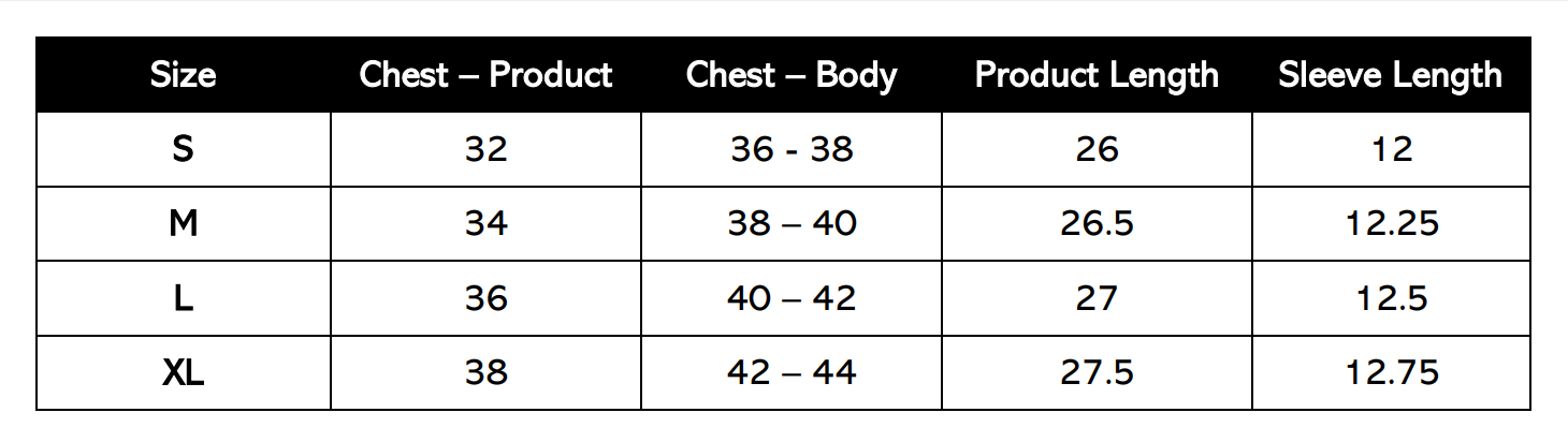Size Chart (in inches)