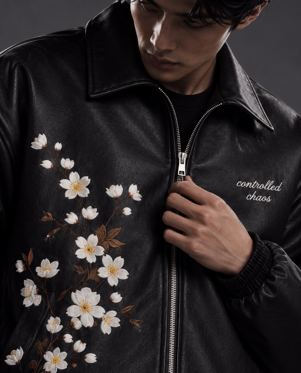Floral Embroidered Leather Jacket