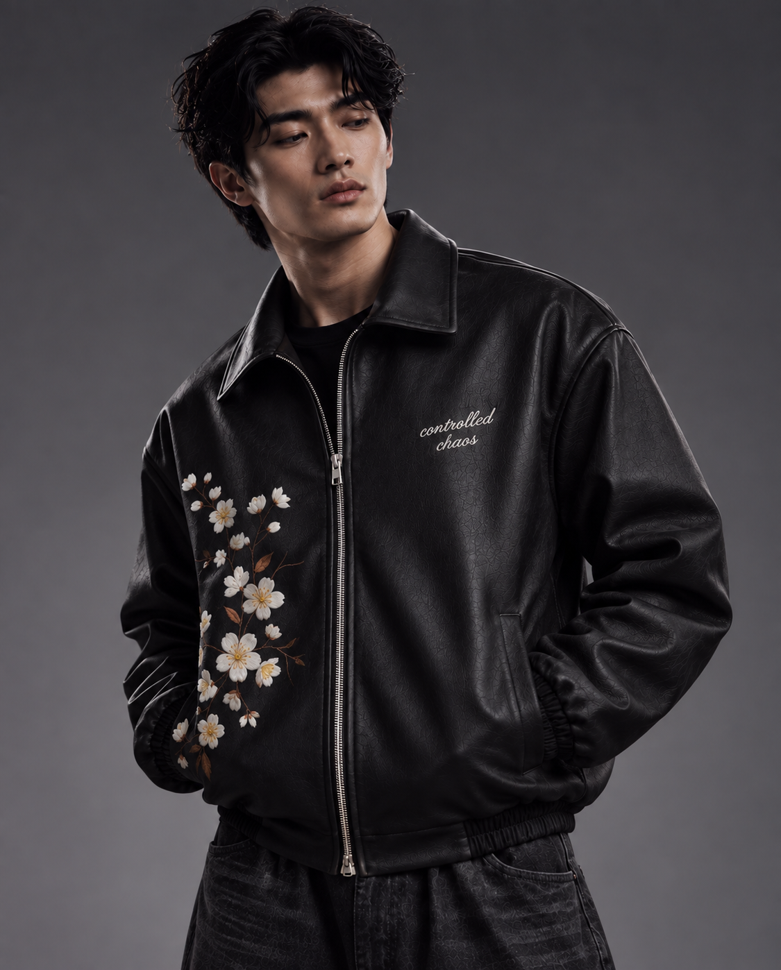 Floral Embroidered Leather Jacket