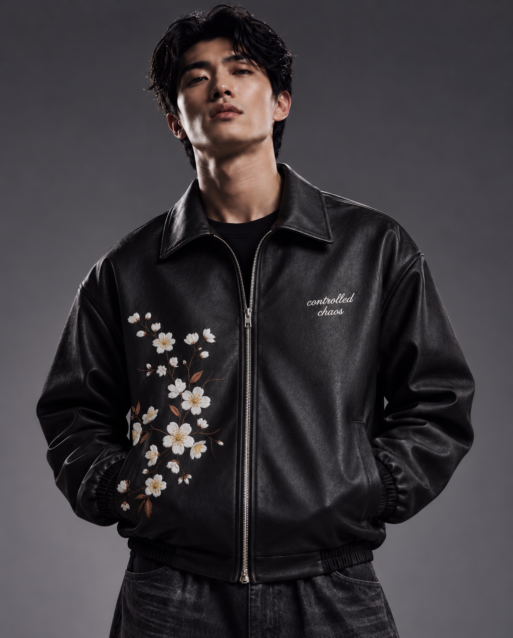 Floral Embroidered Leather Jacket