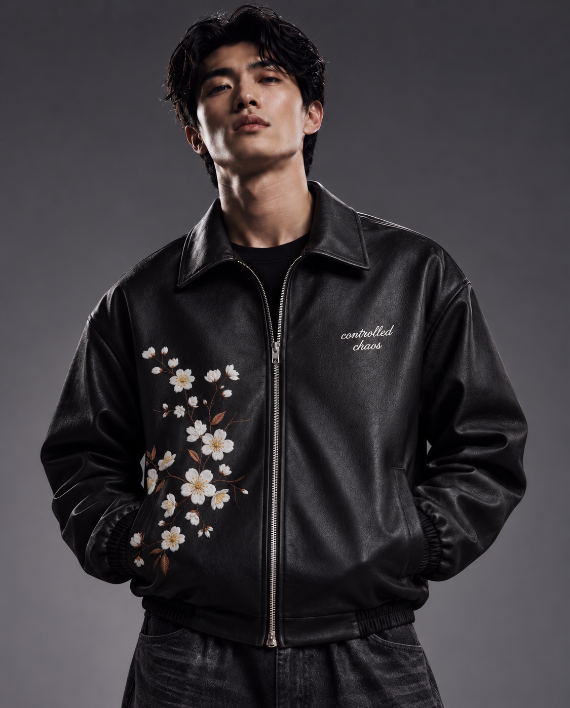 Floral Embroidered Leather Jacket
