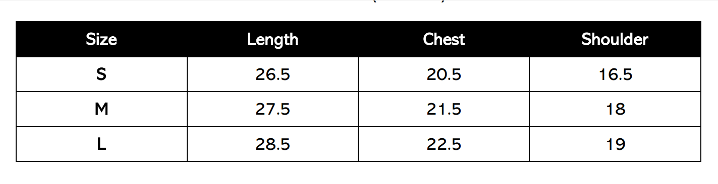 Size Chart (in inches)