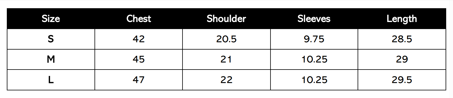 Size Chart (in inches)