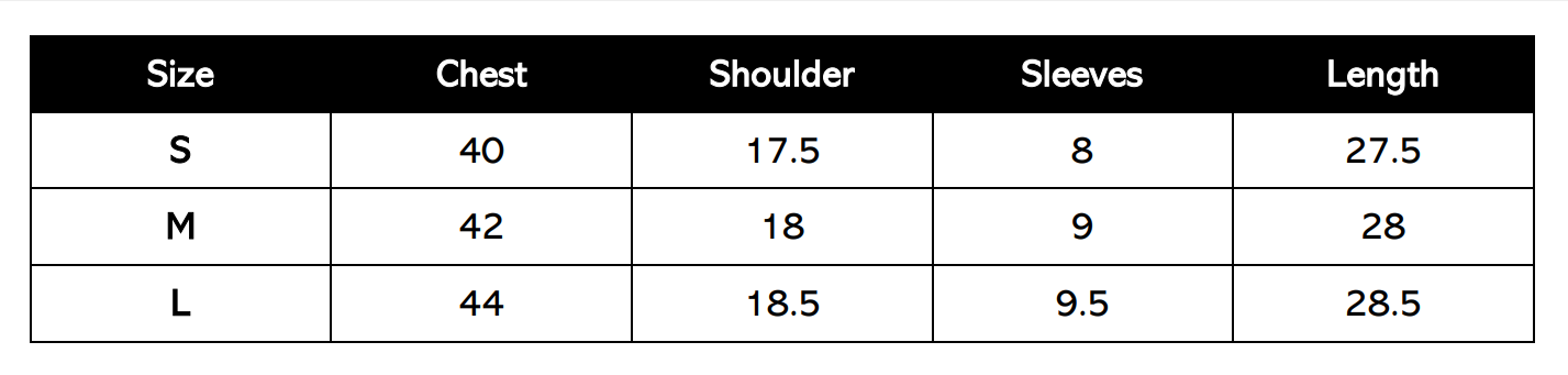 Size Chart (in inches)